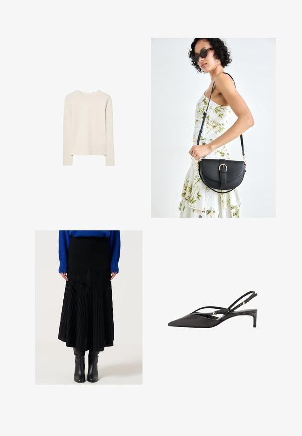 Jasno beżowa bluzka z długim rękawem, wykonana z miękkiego materiału, z okrągłym dekoltem i luźnym krojem, prostym dołem oraz minimalnym detalem szwów.; Jimmy Key Spódnica trapezowa; Czarne skórzane czółenka na odkrytej pięcie z szpiczastym noskiem, smukłymi paskami wokół kostki i niskim obcasem w kształcie stiletto. Gładka tekstura z minimalistycznym wzornictwem.; Czarna skórzana torebka o zakrzywionym kształcie, z odpinanym paskiem i złotymi akcentami. Torebka posiada klapę z zapięciem w kształcie klamry.