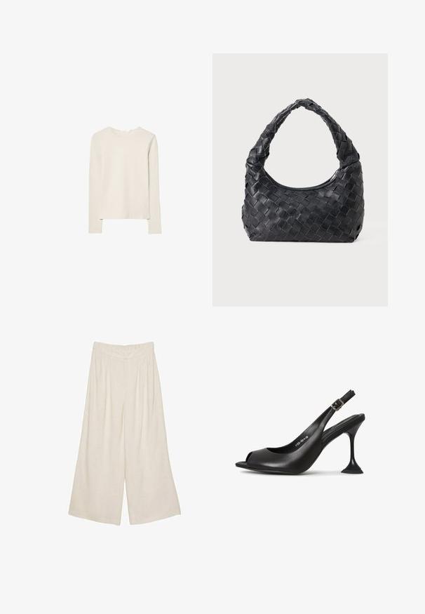 Maglietta a maniche lunghe beige chiaro in tessuto morbido, con scollo rotondo e vestibilità comoda, orlo dritto e dettagli di cucitura minimi.; Pantaloni larghi in lino di colore beige chiaro con un design plissettato e una vita elasticizzata per comfort e facilità d'uso.; Tacco slingback in pelle nera con punta aperta, forma appuntita, tacco stretto che si allarga e base quadrata. Superficie testurizzata e dettaglio della fibbia.; Borsa a spalla intrecciata in pelle nera con manico rotondo e corpo a forma di mezzaluna su sfondo semplice.