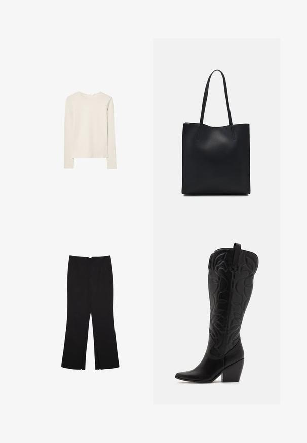 Svijetlo bež majica dugih rukava napravljena od mekanog materijala, s okruglim izrezom i opuštenim krojem s ravnim rubom i minimalnim detaljima šivanja.; Crne hlače ravnog kroja, s prednjim džepovima i bočnim prorezima na rubu. Izrađene od mekog i glatkog materijala. Pogodne za razne prigode.; Crne kožne kaubojske čizme s visokim okovratnikom s zakrivljenim šavovima, šiljastim vrhom i debelim petama.; Crna kožna torba za nošenje s glatkom teksturom, pravokutnim oblikom i dvije duge ručke. Nema vidljivih metalnih dijelova ili ukrasa.