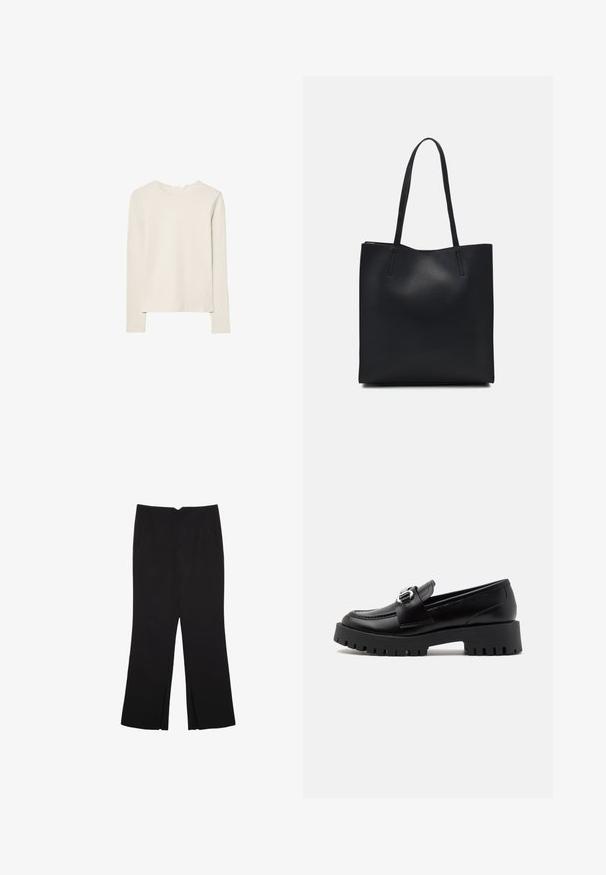 Lys beige langærmet top lavet af blød stof, med rund halsudskæring og en afslappet pasform med lige kant og minimal syning detaljer.; Sorte bukser med lige pasform, der har frontlommer og slidser i kanten. Lavet af blødt, glat stof. Velegnet til forskellige anledninger.; Sorte læder loafers med en kraftig, rillet sål og en metallic spænde detaljer på remmen. Glat tekstur, klassisk design.; Sort læder tote taske med glat tekstur, rektangulær form og to lange hanke. Ingen synlig hardware eller udsmykninger.