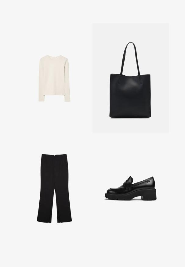 Svijetlo bež majica dugih rukava napravljena od mekanog materijala, s okruglim izrezom i opuštenim krojem s ravnim rubom i minimalnim detaljima šivanja.; Crne hlače ravnog kroja, s prednjim džepovima i bočnim prorezima na rubu. Izrađene od mekog i glatkog materijala. Pogodne za razne prigode.; Crna kožna loaferica s debelim potplatom i chunky petom, s trakom preko gornjeg dijela, prikazana sa strane na bijeloj pozadini.; Crna kožna torba za nošenje s glatkom teksturom, pravokutnim oblikom i dvije duge ručke. Nema vidljivih metalnih dijelova ili ukrasa.