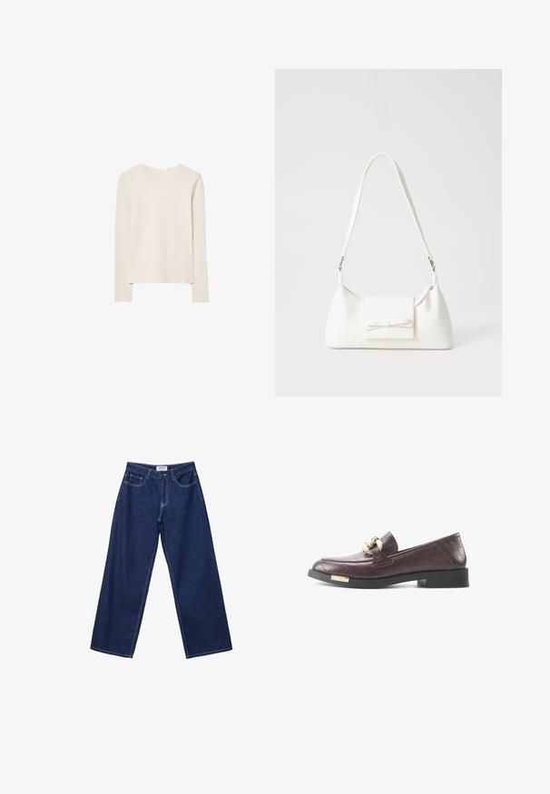 Svijetlo bež majica dugih rukava napravljena od mekanog materijala, s okruglim izrezom i opuštenim krojem s ravnim rubom i minimalnim detaljima šivanja.; Široke tamnoplave traperice s dugmadi, pet džepova i kontrastnim bijelim šavovima. Tkanina ima glatku, lagano teksturiranu površinu.; Bordo kožne loaferice s teksturiranim uzorkom krokodila, s zlatnim metalnim detaljem i niskim crnim blok petama.; Bijela sintetička torbica s trokutastim oblikom, ravnim prednjim poklopcem i detaljem u obliku mašne, podesivom remenom, glatkom teksturom i minimalističkim dizajnom.