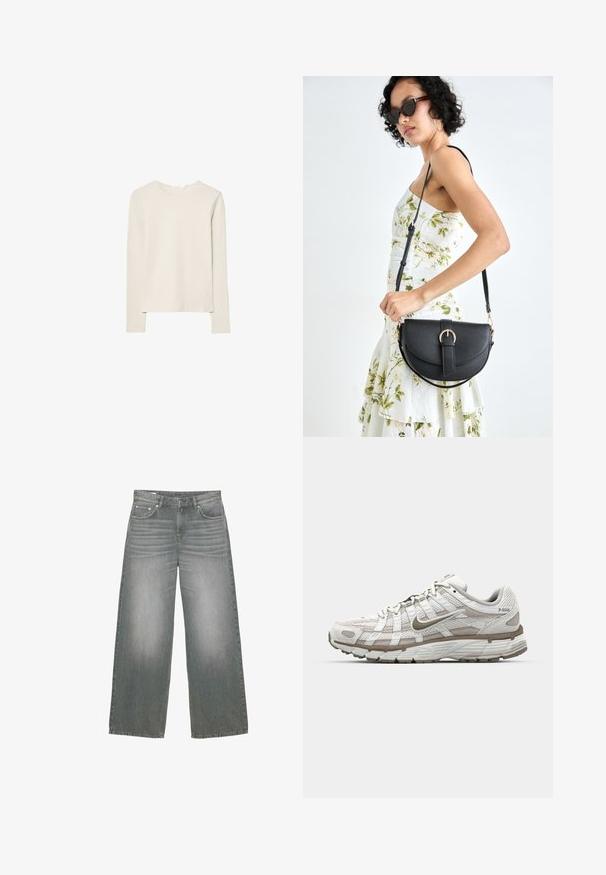 Lys beige langærmet top lavet af blød stof, med rund halsudskæring og en afslappet pasform med lige kant og minimal syning detaljer.; Bredde ben, grå denim jeans med en let falmet tekstur, fem-lomme design og klassisk knap- og lynlås lukning.; Hvid atletisk sko med mesh-overdel, lysebrune detaljer og en polstret sål. Har snørrelukning og tekst på siden.; Sort læderhåndtaske med en buet form, aftagelig rem og guldfinish. Tasken har en klap med en spænde detalje.