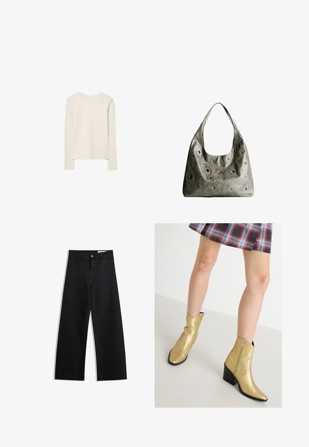 Vaaleanbeige pitkähihaisen puseron pehmeä kangas, pyöreä kaula-aukko, rento istuvuus, suora helma ja minimaalista ompeluyksityiskohtaa.; Mustat leveät farkut korkealla vyötäröllä, joissa on etu- ja takataskut, ommellut saumat ja nappisuljenta. Silkinoinen rakenne.; Kultaiset nilkkurit, joissa on kapeneva kärkiosa ja musta korko. Valmistettu kiiltävästä, sileästä materiaalista, joissa on sivuvetoketju ja ommellut yksityiskohdat.; Oliivinvihreä nahkalaukku, jossa on rento muotoilu, ja jossa on erilaisia kokoisia pyöreitä läpivientejä sekä tummempia ja vaaleampia yksityiskohtia.; Kultaiset rannekorut, joissa on sileä, kiiltävä pinta, pyöreä muoto ja hienovarainen solkiyksityiskohta.