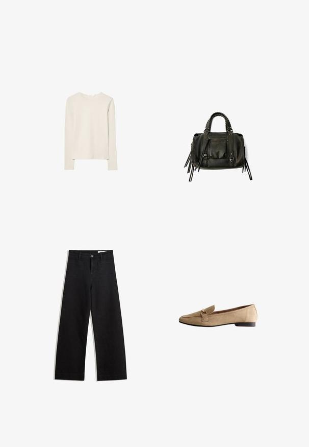 Maglietta a maniche lunghe beige chiaro in tessuto morbido, con scollo rotondo e vestibilità comoda, orlo dritto e dettagli di cucitura minimi.; Pantaloni in denim neri a gamba larga con vita alta, dotati di tasche anteriori e posteriori, cuciture a punto, e chiusura con bottone. Texture liscia.; Mocassini in suede beige con punta arrotondata, suola nera piatta e un accento in metallo dorato sul davanti. Tessuto liscio su tutta la scarpa.; Borsa a tracolla in pelle nera con manici intrecciati, tasca con zip e nappine pendenti. Superficie texturizzata con borchie metalliche e dettagli in metallo.