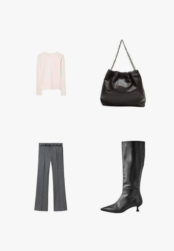 Light beige long-sleeve top made of soft fabric, featuring a round neck and a relaxed fit with straight hem and minimal stitching detail.; Gray tailored trousers with a straight leg design, lightweight fabric, belt loops, and a narrow belt featuring a silver buckle.; Black leather knee-high boot with a pointed toe and a small block heel, featuring a smooth texture and sleek silhouette.; Brown leather bag with a gathered top and a chain strap. Smooth texture with a glossy finish and subtle seam detailing on the sides.