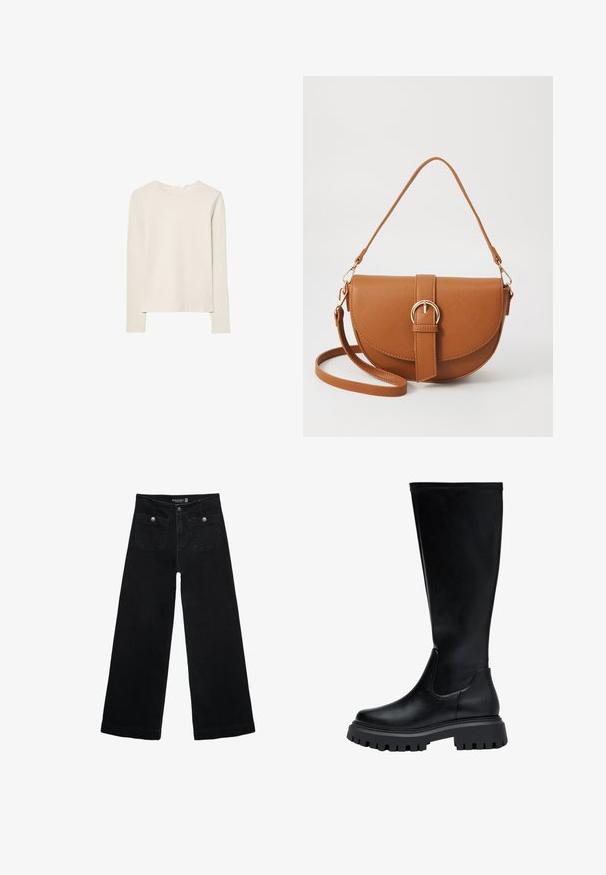 Svetlo bež dolg rokav majica iz mehkega materiala, z okroglim izrezom in sproščenim krojem, ravnim robom ter minimalnimi šivi.; Črne široke kavbojke z visokim pasom, ki imajo dva sprednja žepa in kovinske gumbi. Tkanina ima gladko teksturo.; Črne usnjene škornje do kolen z okroglo konico, elastičnimi stranskimi paneli in debelim gumijastim podplatom z vzorcem.; Rjava usnjena torbica prek telesa s ukrivljeno obliko, zlate opreme in sponko. Ima odstranljiv naramni trak.