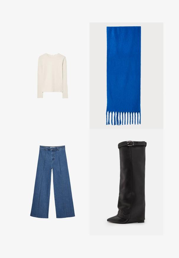 Hellbeige Langarmshirt aus weichem Stoff, mit Rundhalsausschnitt und lockerer Passform, geradem Saum und minimalen Nähdetails.; Weite Jeans aus Denim in Mittelblau, mit hoher Taille, Knopfverschluss und kontrastierenden vertikalen Nahtdetails an der Vorderseite.; Steve Madden CORENNE - High Heel Stiefel - black; Blauer gefranster Schal aus weichem Stoff; hat eine einfarbige Oberfläche mit strukturierter Textur und gleichmäßig geschnittenem Fransen am unteren Ende.; Schwarze Lederhandtasche mit geschwungener Form, abnehmbarem Tragegurt und goldenen Beschlägen. Die Tasche verfügt über einen Deckel mit einer Schnallen-Details.