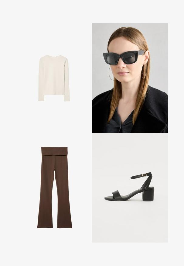 Hellbeige Langarmshirt aus weichem Stoff, mit Rundhalsausschnitt und lockerer Passform, geradem Saum und minimalen Nähdetails.; Braune, ausladende Leggings mit einem breiten, weichen Bund. Hergestellt aus dehnbarem Stoff mit glatter Textur und ohne sichtbare Muster oder Akzente.; Schwarze High Heels Sandalen mit einem glatten Lederoberteil, offener Zehenpartie, breiten Vorderstraps und verstellbarem Knöchelriemen mit einem goldenen Schnallen-Detail.; Schwarze Katzenaugen-Sonnenbrille mit dunklen Gläsern, dicken Rahmen und subtilen Akzenten. Getragen mit einem schwarzen Mantel und einem grauen Oberteil, dazu lange, glatte Haare.