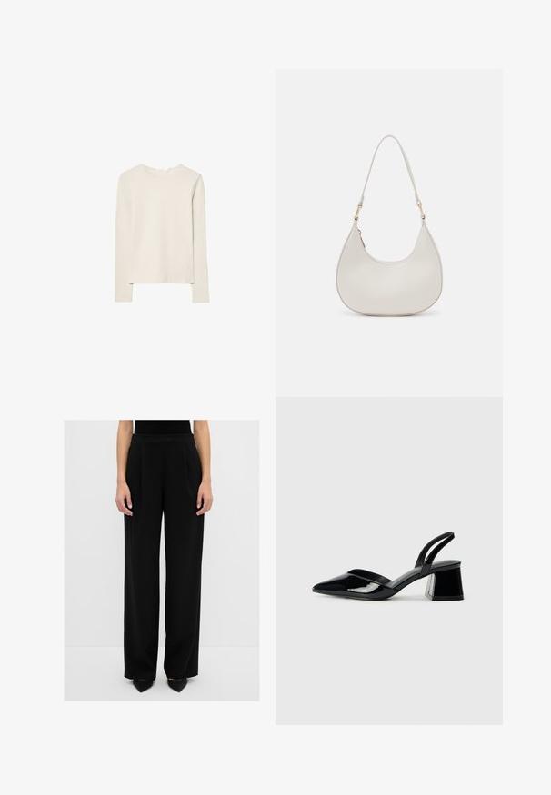 Světle béžové tričko s dlouhým rukávem z měkké tkaniny, s kulatým výstřihem a uvolněným střihem s rovnými lemy a minimálními švy.; Černé kalhoty širokého střihu vyrobené z hladkého materiálu, s předními sklady, vysokým pasem a upravenou siluetou.; Černé lakované kožené lodičky na pásku s špičatou špičkou a geometrickým blokovým podpatkem. Vyznačují se elegantním, minimalistickým designem a hladkým povrchem.; Krémová kožená kabelka přes rameno s půlkruhovým tvarem, tenkým popruhem a jemnými švy. Minimalistický design s akcenty ve zlatém tónu.