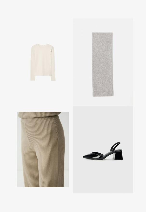 Hellbeige Langarmshirt aus weichem Stoff, mit Rundhalsausschnitt und lockerer Passform, geradem Saum und minimalen Nähdetails.; Beige Rippenstoffhosen mit leichtem Glanz, die ein elegantes Design und eine glatte Textur aufweisen und bis zu einem geraden Bein reichen.; Schwarze Lackleder-Slingback-High Heels mit spitzem Schuh und einem geometrischen Blockabsatz. Verfügt über ein schlankes, minimalistisches Design und eine glatte Textur.; Grau gestrickter Schal mit glatter Textur, länglich-rechteckiger Form und sauberen Kanten, entworfen für Wärme und Komfort.