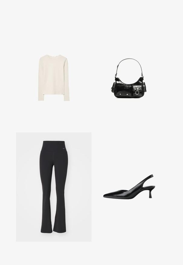 Světle béžové tričko s dlouhým rukávem z měkké tkaniny, s kulatým výstřihem a uvolněným střihem s rovnými lemy a minimálními švy.; Černé legíny na jogu s vysokým pasem, vyrobené z elastické látky. Mají rozšířený design a malé logo Nike na pasu.; Černé lodičky na klínu s špičatou špičkou, vyrobené z texturovaného syntetického materiálu, s úzkým podpatkem a otevřeným bočním designem.; Černá lakovaná kožená kabelka s křivkovým tvarem, jedním ramenním popruhem, předními kapsami a stříbrnými kovovými detaily.