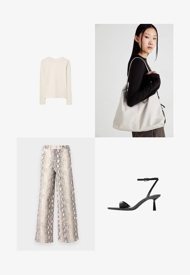 Svetlo bež dolg rokav majica iz mehkega materiala, z okroglim izrezom in sproščenim krojem, ravnim robom ter minimalnimi šivi.; Hlače širokih hlačnic v vzorcu kače, s kremno in sivo barvno shemo, izdelane iz teksturirane tkanine z visokim pasom.; Bershka Sandali z visoko peto - black; Bežna torbica iz mehkega materiala, z ohlapno zasnovo, šivi in dvema naramnicama. Primerna za vsakodnevno uporabo.