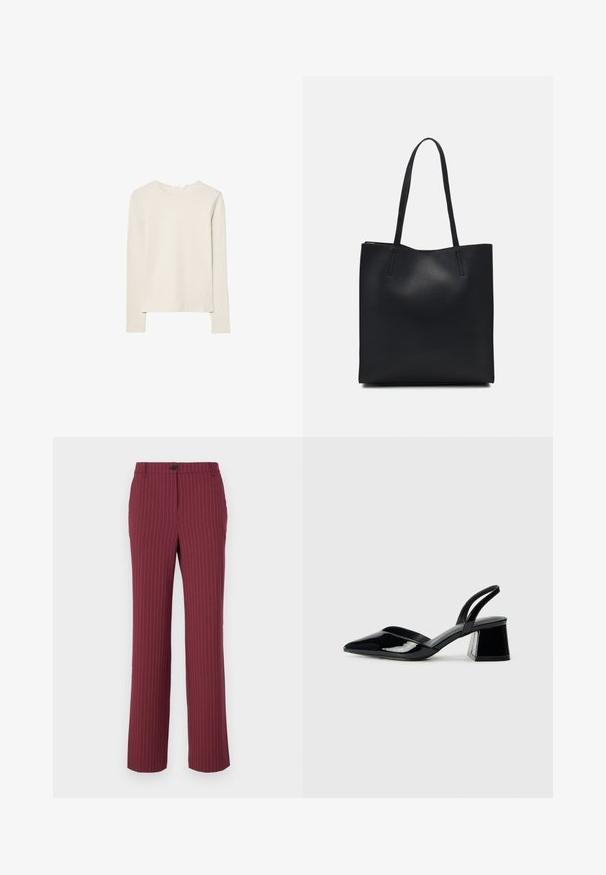 Svijetlo bež majica dugih rukava napravljena od mekanog materijala, s okruglim izrezom i opuštenim krojem s ravnim rubom i minimalnim detaljima šivanja.; Bordo hlače s prugastim uzorkom, ravnog kroja, s kopčanjem na gumbe i petljama za pojas. Glatka tkanina s vertikalnim linijama za dodatne detalje.; Crne lakirane kožne sandale s otvorenom petom i špicastim vrhom, s geometrijskom blok petom. Imaju elegantan, minimalistički dizajn i glatku teksturu.; Crna kožna torba za nošenje s glatkom teksturom, pravokutnim oblikom i dvije duge ručke. Nema vidljivih metalnih dijelova ili ukrasa.
