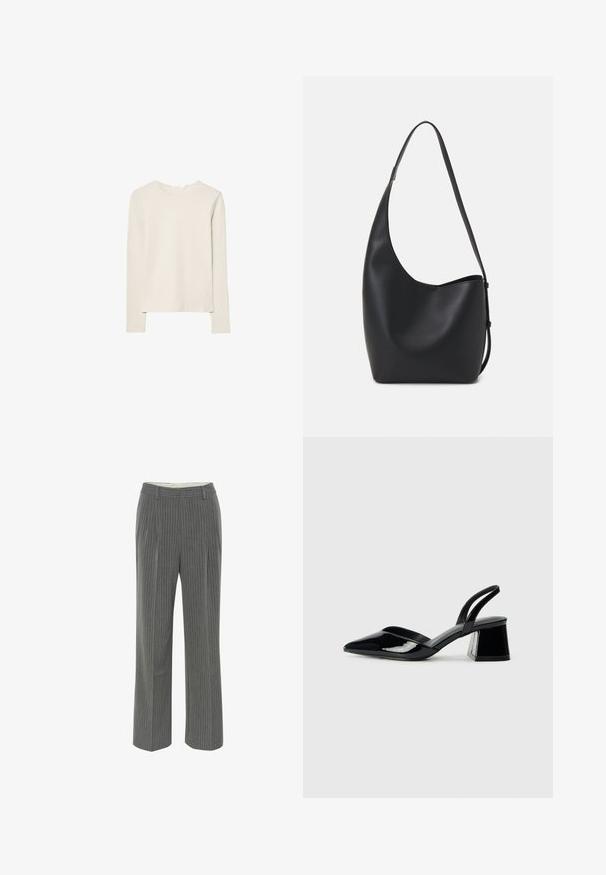 Hellbeige Langarmshirt aus weichem Stoff, mit Rundhalsausschnitt und lockerer Passform, geradem Saum und minimalen Nähdetails.; Graue pantalons mit feinen Streifen, maßgeschneidertem Schnitt, flachem Bund und weitem Bein. Aus einem glatten, leichten Stoff gefertigt.; Schwarze Lackleder-Slingback-High Heels mit spitzem Schuh und einem geometrischen Blockabsatz. Verfügt über ein schlankes, minimalistisches Design und eine glatte Textur.; Schwarze Leder-Hobo-Tasche mit einer glatten Textur, geschwungener Form und einem einzelnen verstellbaren Tragegurt; verfügt über eine weite Öffnung am oberen Ende.