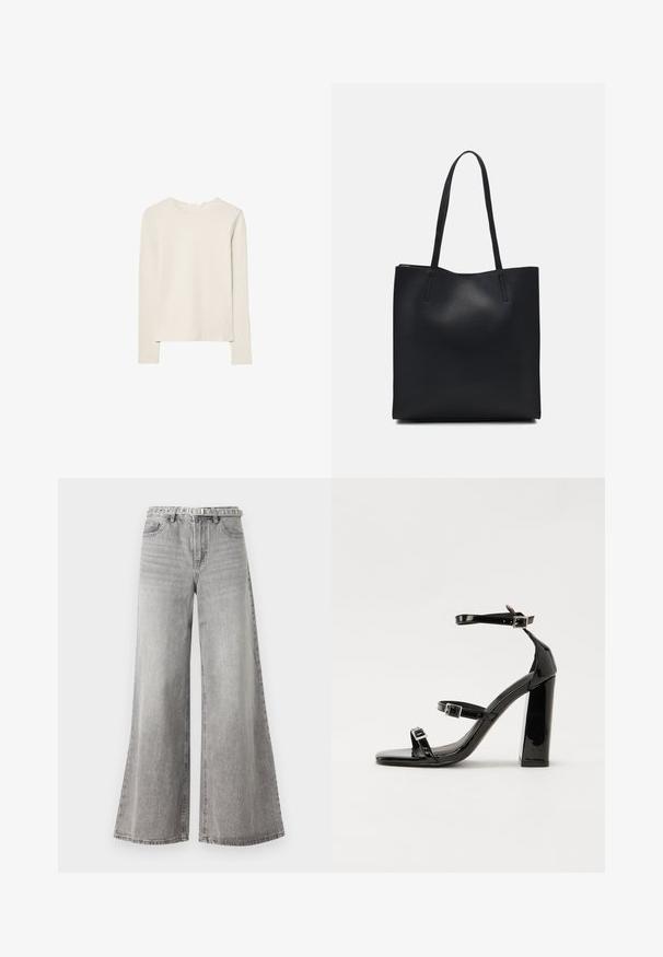 Svetlo bež dolg rokav majica iz mehkega materiala, z okroglim izrezom in sproščenim krojem, ravnim robom ter minimalnimi šivi.; Široke sive kavbojke z visokim pasom, ki imajo klasičen pet-pocket dizajn in pas z obročki za pas. Teksturirano blago.; Črne lakirane sandale s peto, kvadratnim prstom, trakovi okrog gležnja in srebrnimi zaponkami. Opremljene so s stabilno Debelo peto.; Črna usnjena torba s svilnato teksturo, pravokotne oblike in dvema dolgima ročajema. Brez vidnih metalnih delov ali okrasnih elementov.