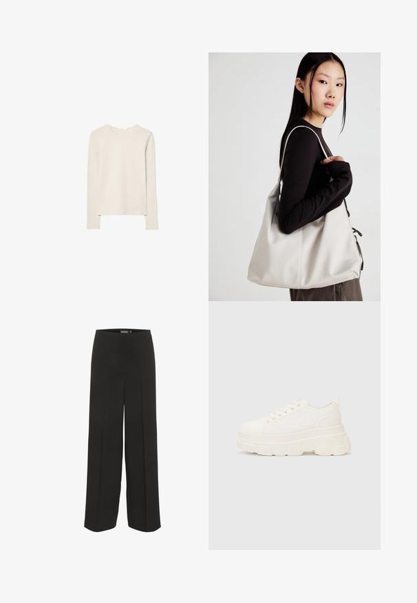 Svetlo béžový top s dlhým rukávom z mäkkej tkaniny, s okrúhlym výstrihom a voľným strihom, rovný lem a s minimálnymi detailmi šitia.; Čierne široké nohavice vyrobené z hladkého materiálu. Majú vysoký elastický pás a žiadne viditeľné vrecká alebo vzory. Jednoduchý dizajn.; Biele plátené tenisky s hrubou podrážkou, zaoblenou špičkou a piatimi očkami na šnúrky. Zadný popruh pre jednoduché obúvanie. Hladká textúra, minimalistický dizajn.; Béžová kabelka vyrobená z mäkkého materiálu, s uvoľneným dizajnom, prišitými detailmi a dvoma popruhmi na nosenie na pleciach. Vhodná na každodenné nosenie.