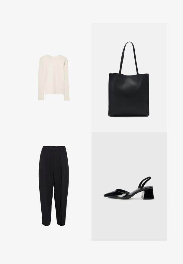 Svetlo bež dolg rokav majica iz mehkega materiala, z okroglim izrezom in sproščenim krojem, ravnim robom ter minimalnimi šivi.; Črne prilagojene hlače z visokim pasom, z gubami in skrajšanim, zoženim krojem. Gladka tkanina z matiranjem.; Črne lakirane slingback pete s koničastim nosom in geometrijsko blokasto peto. Imajo eleganten, minimalističen dizajn in gladko teksturo.; Črna usnjena torba s svilnato teksturo, pravokotne oblike in dvema dolgima ročajema. Brez vidnih metalnih delov ali okrasnih elementov.