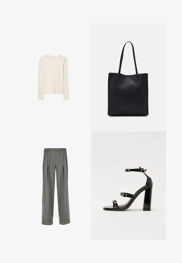 Vaaleanbeige pitkähihaisen puseron pehmeä kangas, pyöreä kaula-aukko, rento istuvuus, suora helma ja minimaalista ompeluyksityiskohtaa.; Harmaat räätälöidyt housut, joissa on valkoiset pystysuorat raidat, verkkohousut, käänteet lahkeissa, vyölenkit ja nappisulku vyötäröllä.; Musta kiiltäväpintainen korkokengät, joissa on kaksi solkikiinnitystä, neliönmuotoinen kärki ja paksu korko, sileällä, kiiltävällä pintarakenteella.; Mustapahkainen kangaskassi, jossa on sileä pinta, suorakaiteen muotoinen ja kaksi pitkää kahvaa. Ei näkyvää metalliosaa tai koristeita.