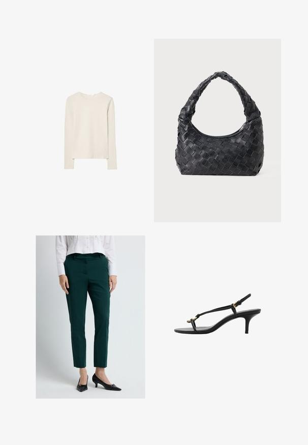 Vaaleanbeige pitkähihaisen puseron pehmeä kangas, pyöreä kaula-aukko, rento istuvuus, suora helma ja minimaalista ompeluyksityiskohtaa.; Vihreät räätälöidyt housut, joissa on sileä pinta, keskitason vyötärö ja selkeä muotoilu. Yhdistetty mustiin kärjestä teräviin korkokengissä.; Mustat nahkakengät, joissa on kissankorko, ohuet hihnat, kultainen solki ja minimalistinen varvaslenkki valkoisella taustalla.; Musta nahkainen kudottu olkalaukku, jossa on pyöreä kahva ja kuun muotoinen runko tasaisella taustalla.