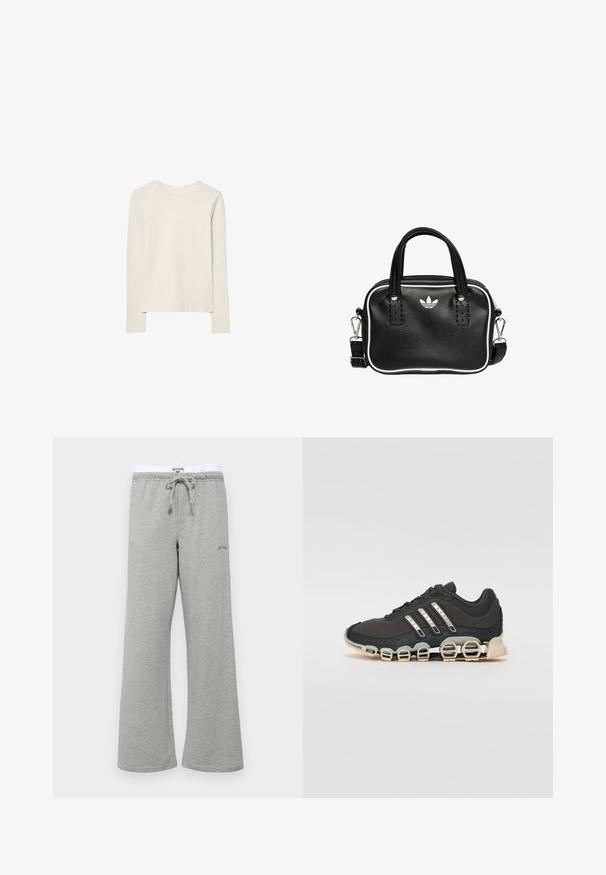 Ljusbeige långärmad topp i mjukt material, med rund halsringning och en avslappnad passform med rak nederkant och minimal sömdekoration.; BDG Urban Outfitters WIDE LEG JOGGER - Träningsbyxor - grey marl; Svart sportskor med en texturerad överdel, tre silverränder och en distinkt stötdämpande sula med flera integrerade sektioner.; Svart läderhandväska med två korta handtag, silverfärgade detaljer, vita accenter och en vit logotyp. Har en texturerad yta och en kompakt design.