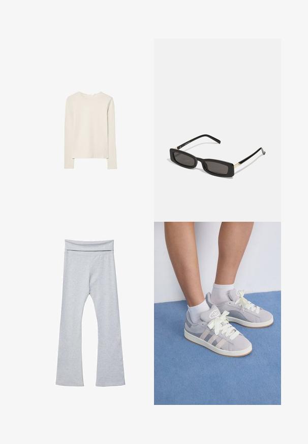 Jasno beżowa bluzka z długim rękawem, wykonana z miękkiego materiału, z okrągłym dekoltem i luźnym krojem, prostym dołem oraz minimalnym detalem szwów.; Szare, rozszerzane legginsy z szerokim, miękkim paskiem w talii, wykonane z gładkiego, elastycznego materiału. Charakteryzują się dopasowanym krojem i długością do kostek.; Szare zamszowe sneakersy z białymi sznurówkami i gumową podeszwą, z trzema ukośnymi paskami po boku oraz naszywką z logo na języku.; Czarnie prostokątne okulary przeciwsłoneczne z ciemnymi soczewkami, błyszczącymi plastikowymi oprawkami i złotymi akcentami na zausznikach. Minimalistyczny design i smukły kształt.
