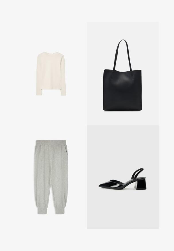 Jasno beżowa bluzka z długim rękawem, wykonana z miękkiego materiału, z okrągłym dekoltem i luźnym krojem, prostym dołem oraz minimalnym detalem szwów.; Szare dresowe spodnie wykonane z miękkiego, teksturowanego materiału. Posiadają elastyczny pasek w talii, kieszenie boczne oraz zwężane mankiety przy kostkach.; Czarne lakierowane półbuty na obcasie z wydłużonym noskiem i geometrycznym słupkiem. Charakteryzują się eleganckim, minimalistycznym designem oraz gładką fakturą.; Czarna skórzana torba tote o gładkiej fakturze, prostokątnym kształcie i dwóch długich uchwytach. Brak widocznych elementów metalowych i ozdób.