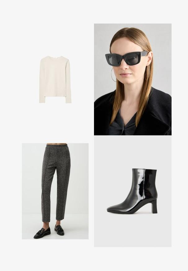 Light beige long-sleeve top made of soft fabric, featuring a round neck and a relaxed fit with straight hem and minimal stitching detail.; Gray patterned trousers with a smooth texture, featuring a high waistband and straight-leg design, paired with black loafers.; Black patent leather ankle boot with a pointed toe and a mid-height block heel. Smooth texture and minimalist design.; Black cat-eye sunglasses with dark lenses, thick frames, and subtle accents. Worn with a black coat and gray top, featuring long straight hair.