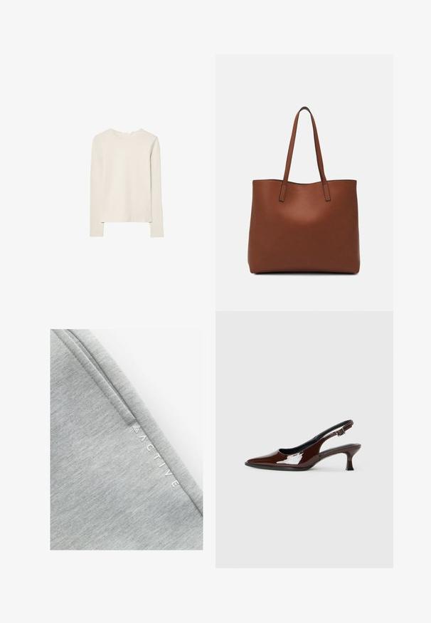 Vaaleanbeige pitkähihaisen puseron pehmeä kangas, pyöreä kaula-aukko, rento istuvuus, suora helma ja minimaalista ompeluyksityiskohtaa.; Harmaa urheiluvaatekangas, jossa on sileä, teksturoitu pinta ja hienovarainen marmorikuvio. Sana "ACTIVE" on painettu valkoisena sivulle.; Ruske patentin nahkalijatke sa špicastim nosom i umjerenom petom. Sadrže remen s kopčom za sigurno pristajanje. Glatka tekstura.; Ruskea nahkainen olkalaukku, jossa on sileä pinta, avoin yläosa ja kaksi olkahihnaa. Omaavat vain minimaalisen ompelun eikä näkyvää metalliosaa.