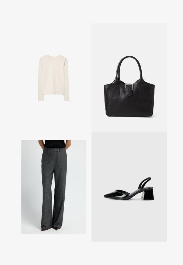 Lys beige langærmet top lavet af blød stof, med rund halsudskæring og en afslappet pasform med lige kant og minimal syning detaljer.; Kvinde iført højtsiddende, brede mørkegrå bukser med små glimt, parret med en sort top og spidse burgunder sko.; Sorte patentlæder slingback hæle med spids tå og en geometrisk blok hæl. Har et elegant, minimalistisk design og en glat tekstur.; Sort læder tote taske med glat tekstur, struktureret form, to håndtag og en fremtrædende sølvspænde detalje på forsiden.