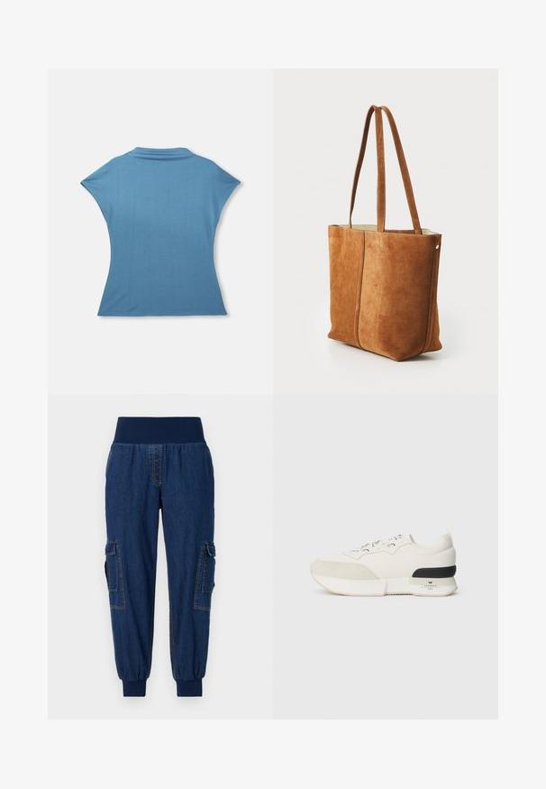 Modrý top s krátkým rukávem a měkkou texturou, který má vysoký límec a přiléhavé tělo, jenž se mírně rozšiřuje na lem.; Denim jogger kalhoty s širokým elastickým pasem, dvěma bočními kapsami na cargo a žebrovanými kotníky; tmavě modrá barva s kontrastním stehováním.; Bílé tenisky s texturovanou semišovou špičkou, hladkým síťovaným svrškem, ozdobnými tkaničkami a černým gumovým akcentem na patě.; Hnědá semišová tote taška s dvěma dlouhými uchy, hladkým povrchem a šitými detaily, s jednoduchým, strukturovaným designem.