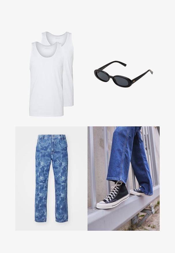 Białe bawełniane topy na ramiączkach z okrągłym dekoltem, charakteryzujące się gładką teksturą. Wyeksponowane dwa egzemplarze, oznaczone "PIER ONE."; Jasnoniebieskie dżinsy z efektem prania; proste nogawki z lekko wyblakłym wzorem; standardowy design pięciu kieszeni i metalowe zapięcie na guzik.; Czarne sneakersy za kostkę z białą podeszwą i sznurówkami, w połączeniu z luźnymi niebieskimi dżinsami, opierające się na szarym balustradzie.; Czarne, oversize okulary przeciwsłoneczne z owalnymi soczewkami, gładkim plastikowym mostkiem i złotymi akcentami na zausznikach. Ciemne soczewki zapewniają ochronę przed słońcem.
