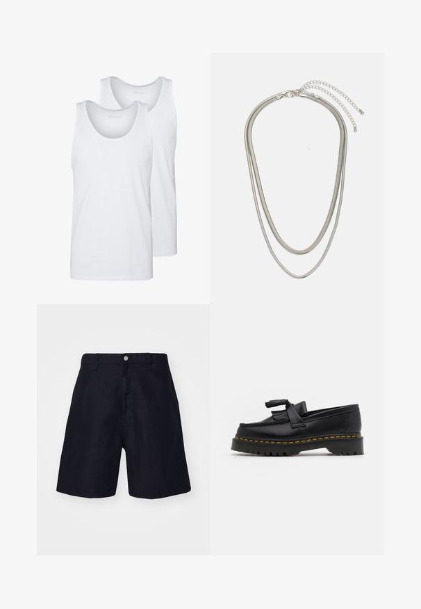 Des débardeurs en coton blanc à encolure arrondie, avec une texture lisse. Deux pièces présentées, étiquetées "PIER ONE."; Shorts bleu marine fabriqués dans un tissu léger, dotés d'une fermeture à bouton, de passants de ceinture et d'une coupe droite. Style minimaliste sans motifs.; Mocassin en cuir noir avec un accent à frange, doté d'une semelle épaisse noire et d'une couture jaune le long du bord. Fini texturé.; Collier en métal argenté à trois couches présentant des chaînes flexibles et élégantes avec un léger éclat, sécurisé par un fermoir en forme de homard et une chaîne ajustable.