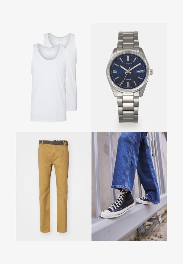 Des débardeurs en coton blanc à encolure arrondie, avec une texture lisse. Deux pièces présentées, étiquetées "PIER ONE."; Chino kaki avec une coupe slim, en coton, présentant une ceinture tissée grise et noire texturée avec des accents en cuir marron.; Baskets montantes noires avec semelle et lacets blancs, associées à un jean en denim bleu décontracté, reposant sur un garde-corps gris.; Montre-bracelet en acier inoxydable argenté avec un cadran bleu marine, des index métalliques et un affichage de la date à 3 heures. Résistante à l'eau jusqu'à 50 mètres.