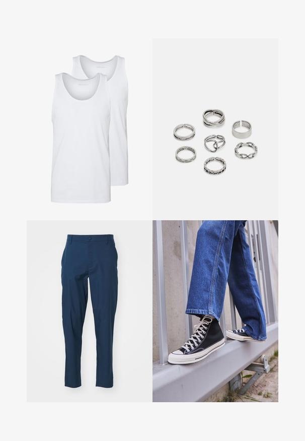 Bílé bavlněné tílka s kulatými výstřihy, s hladkou texturou. Dva kusy vystavené s označením "PIER ONE."; Námořnické modré kalhoty s hladkým materiálem, slim fit, přední kapsy a zapínání na jediný knoflík v pase. Žádné viditelné vzory.; Černé vysoké tenisky s bílou podrážkou a tkaničkami, v kombinaci s volnými modrými džíny, odpočívající na šedém zábradlí.; Sada sedmi stříbrných prstenů s různými vzory, včetně zamotaných, propletených a rytých motivů. Různé tvary a šířky.