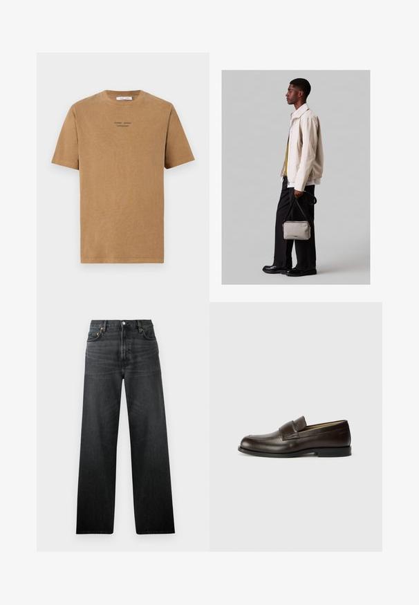 Hnedé bavlnené tričko s okrúhlym výstrihom, krátkymi rukávmi a čiernym textom "SAMSE SAMSE COPENHAGEN" na prednej strane.; Čierne džíny z denimu so strihom rovného nohavicu, s piatimi vreckami a zapínaním na gombík. Tkanina má jemný lesk a viditeľnú štruktúru.; Calvin Klein Našuchovačky - cocoa brown; Svetlou béžová bunda s elastickým lemom, v kombinácii so zelenou košeľou a čiernymi nohavicami. Nosiaca malú šedú kabelku cez telo. Čierne topánky.