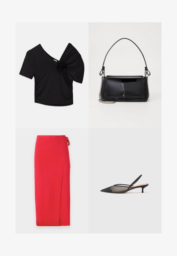 Black short-sleeve top featuring a deep V-neck and a textured floral accent on one shoulder with gathered detailing on the side.; Red ribbed knit midi skirt with a side slit, featuring a tie detail at the waist. Smooth texture with a fitted silhouette.; NEOUS IRENA - Classic heels - black; Black patent leather handbag with a rectangular shape, chain strap, and a distinctive hardware accent in the center. Smooth texture.