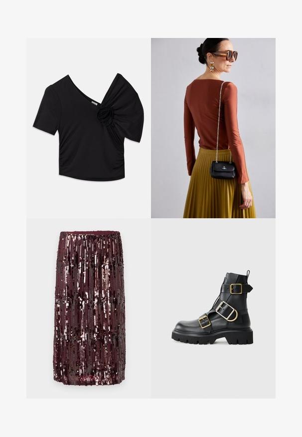 Černý top s krátkými rukávy, který má hluboký V- výstřih a texturovaný květinový detail na jednom rameni s nařasením na boku.; Burgundská sukně ze sequinů s vertikálními pruhy flitrů, která vytváří texturovaný povrch, s upnutým pasem a délku ke kolenům.; Černé kožené kotníkové boty s robustní podešví, zdobené několika pásky a zlatými kovovými detaily. Hladký povrch, robustní design.; Vivienne Westwood SMALL PURSE CHAIN - Taška s příčným popruhem - black
