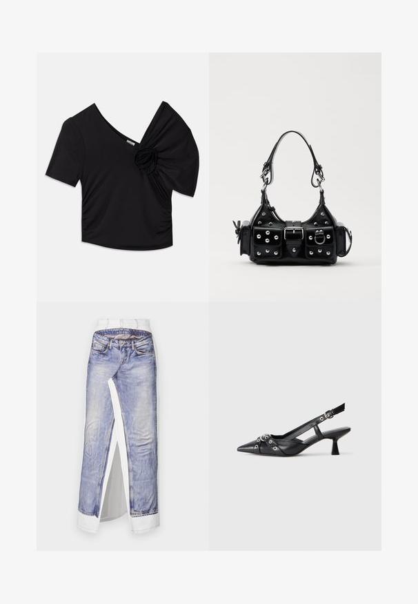 Haut noir à manches courtes avec un décolleté en V profond et un accent floral texturé sur une épaule, avec des détails froncés sur le côté.; Jupe en denim avec un imprimé photo de jeans sur un tissu blanc. Présente une taille standard, une fente sur le côté et des coutures détaillées sur les poches.; Chaussure slingback en cuir noir avec un bout pointu, des sangles décoratives avec œillets en métal et un petit talon carré. Surface texturée.; Sac à main en cuir noir au design courbé, avec des clous en argent, une boucle et deux poches latérales. Bandoulière réglable pour différentes options de transport.