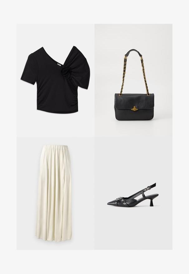 Juodas trumpomis rankovėmis viršus su giliu V formos iškirpimu ir tekstūruotu gėlių akcentu ant vieno peties bei sukauptais detalėmis šone.; Ilga kreminė sijonas su elastingu juosmeniu, pagamintas iš lygaus audinio. Nepakartojami švelnūs klostės ir tekantis dizainas. Nėra matomų raštų.; Juodas odinis slingback tipo batai su smailiu priekiniu atvartu, dekoratyvinėmis sagtimis su metaliniais akyčiais ir žemu blokiniu kulnu. Saldus paviršius.; Juodas odinis rankinukas su užlenkiama sklende, auksinės spalvos grandinėlė ir logotipo detalių dekoracija priekyje. Lygi tekstūra.