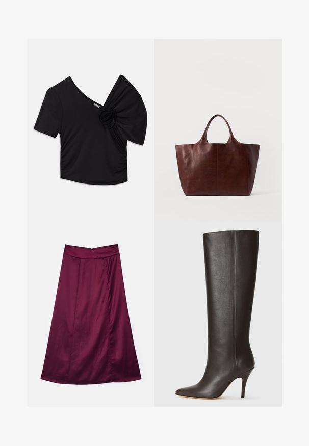 Čierny krátky rukáv top s hlbokým výstrihom do V a textúrovaným kvetinovým akcentom na jednom ramene s nariasením na boku.; Bordová saténová sukňa v A-čase s hladkou textúrou, s jemným leskom, vysokým pásom a zadným zipsovým uzáverom.; Čierne kožené čižmy po kolená s špicatou špičkou, elegantným dizajnom a tenkým vysokým opätkom. Hladká textúra a minimálne detaily.; Hnedá kožená taška na rameno s hladkým povrchom, širokým telom a dvoma krátkymi uchami. Má minimálne šitie, bez viditeľných kovových častí alebo akcentov.
