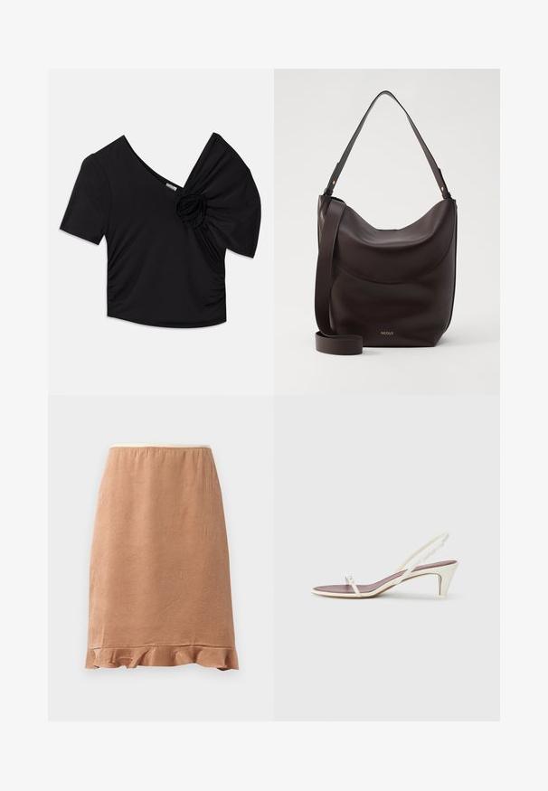 Čierny krátky rukáv top s hlbokým výstrihom do V a textúrovaným kvetinovým akcentom na jednom ramene s nariasením na boku.; Hnedá textúrovaná sukňa s volánovým lemom, vyrobená z jemného materiálu, ktorý sa ľahko splýva, navrhnutá s elastickým pásom pre pohodlie.; Biele sandále na opätku so slabým podpätkom, tenkými pásikmi a hladkým koženým povrchom; obsahujú malú dekoratívnu sponu.; Tmavo hnedá kožená taška na rameno s oblým tvarom, nastaviteľným popruhom a jemným zlatým logom. Hladká textúra s minimálnymi akcentmi.