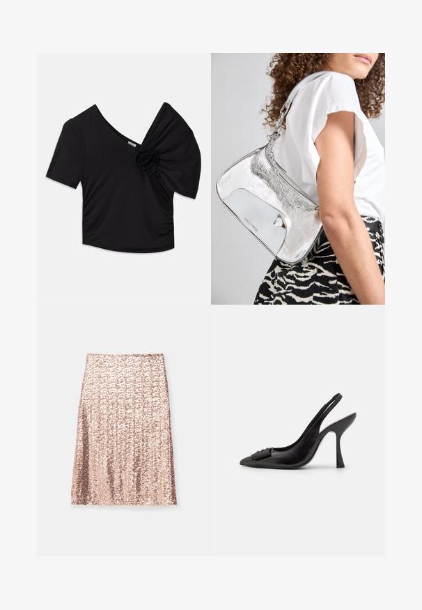 Top nero a maniche corte con scollo a V profondo e un motivo floreale testurizzato su una spalla, con dettagli arricciati sul lato.; Baum und Pferdgarten JOLETTE - Gonna a campana - cafe creme; Scarpa a slingback nera in pelle con punta affilata, tacco alto e sottile, e un accentuato adorabile fiocco decorativo. Texture liscia e design elegante.; Borsa a spalla metallica argento con una texture liscia, design curvo, tracolla a catena e un pannello frontale lucido con una sottile incisione del logo.