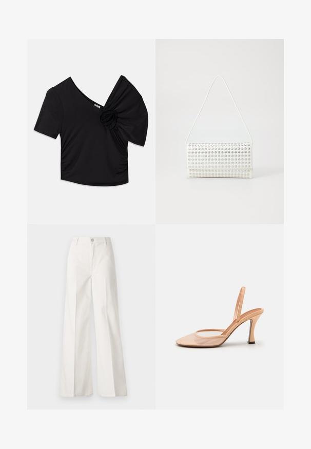 Black short-sleeve top featuring a deep V-neck and a textured floral accent on one shoulder with gathered detailing on the side.; White wide-leg trousers made from cotton with a smooth texture. Features a front button, zipper fly, and four-pocket design.; Nude mesh slingback heel with a pointed toe, slender ankle strap, and a stiletto heel featuring a black accent at the base.; White handbag with a rounded shape, featuring a textured surface of silver studs. It has a thin shoulder strap and a sleek closure.