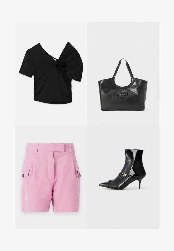 Svart kortärmad topp med djup V-ringning och en texturerad floral detalj på ena axeln, samt rynkdetaljer på sidan.; Ljusrosa shorts med skräddarsydd design, platt front, sidofickor med knappstängning och en mjuk tygkvalitet.; Svart lackläder ankelboot med spetsig tå, smal klack och två tunna remmar med ett guldspänne. Slät, glänsande yta.; Svart läder tote-väska med en glansig finish, rundad topp, två axelremmar och en accent i guldton på framsidan.