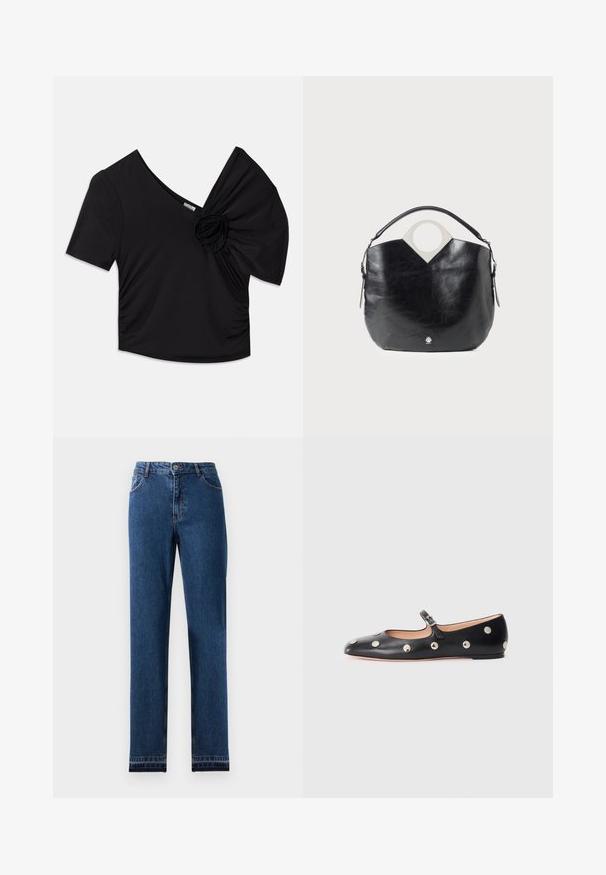 Fekete, rövid ujjas blúz, mély V-kivágással és egy vállon található texturált virágos kiegészítővel, oldalt ráncolt részletekkel.; Kék farmernadrág, egyenes lábbal, öt zsebbel és gombos záródással. Kontrasztos varrással és enyhe kopással rendelkezik.; Fekete bőr Mary Jane lapossarkú cipő, lekerekített orral, ezüst színű kör alakú szegecsekkel és állítható pánttal, csattal.; Fekete bőr táska ívelt formával, kerek felső fogantyúval és ezüst színű logóval. Simma textúra és figyelemre méltó kivágott dizájn jellemzi.
