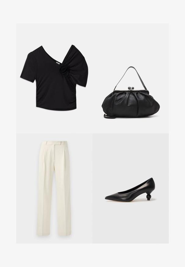 Black short-sleeve top featuring a deep V-neck and a textured floral accent on one shoulder with gathered detailing on the side.; Cream-colored trousers with a tailored fit, featuring a flat front, pleats, and straight legs made from a soft, textured fabric.; Black leather high heel shoe with a pointed toe and a round, balled heel. Smooth texture with a sleek, minimal design.; Black leather handbag with a rounded, pleated design. Features a metallic clasp with two decorative balls and a slim, detachable strap.