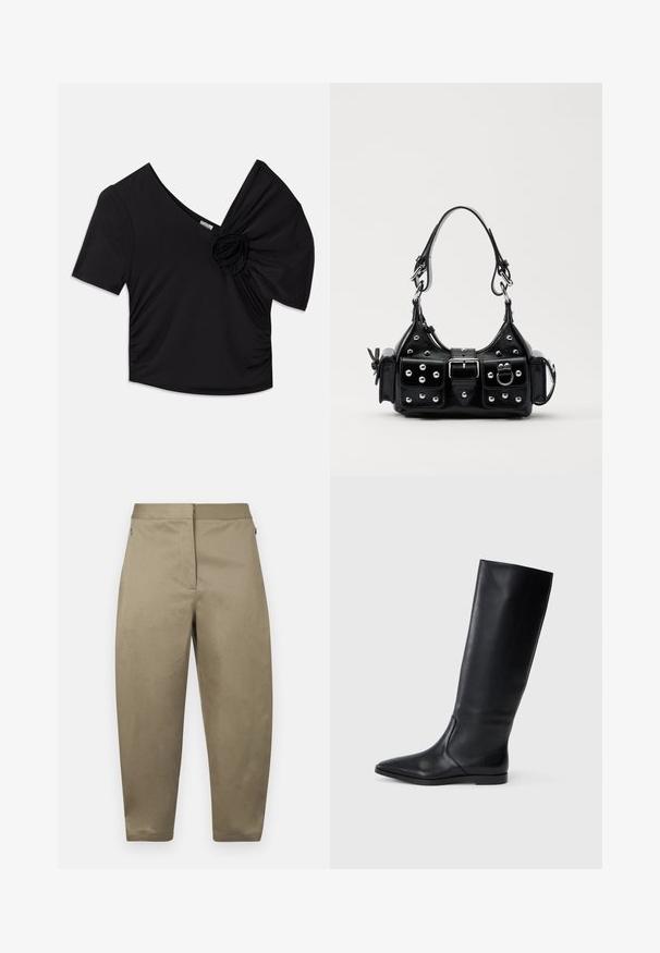 Must have lühikesed varrukad must särk, millel on sügav V-kaelus ja tekstuuriga lillede aksent ühel õlal, lisaks on külgedel kogumise detail.; Khaki värvi tihedalt kitsenevad puuvillast püksid, millel on sile tekstuur, küljetaskud ja vöökoht kinnitatav lukuga. Lihtne disain ilma mustriteta.; Musthave mustad musta nahast kõrge säärega saapad, millel on terav varvas ja minimaalne disain. Sile tekstuur ja korter tald, sisaldades diskreetselt külgõmblusi.; Must värvi nahast käekott, millel on kaarjas disain, hõbedased nupukesed, kinnitusahe ja kaks külgtaskut. Reguleeritav rihm erinevate kandmisvõimaluste jaoks.