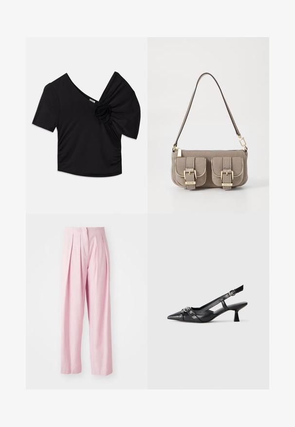 Melna īsām piedurknēm topa augšdaļa ar dziļu V veida kakla izgriezumu un teksturētu ziedu akcentu uz viena pleca, kā arī savelktām detaļām sānos.; Rozā plīšu bikses ar pielāgotu dizainu, izgatavotas no viegla auduma ar gludu tekstūru un platām kājām.; Melnas ādas šlipsveida kurpes ar norādītu purngalu, dekoratīvām joslām ar metāla acīm un zemu bloku papēdi. Teksturēta virsma.; Bežs teksturēts roku soma ar regulējamu siksnu, divas priekšējās kabatas, kas aizveras ar sprādzēm, un zelta aksesuāriem. Augšā ar rāvējslēdzēja aizdari.