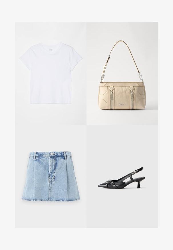 FRAME BABY TEE - Basic T-shirt - white; Denim mini skirt in light blue, featuring a fitted waist, pleated front, and subtle fading. Classic five-pocket design with metal button.; Black leather slingback shoe with a pointed toe, decorative straps featuring metal eyelets, and a low block heel. Textured surface.; Beige leather handbag with silver hardware, two side zippers, structured design, and a removable strap for versatility.